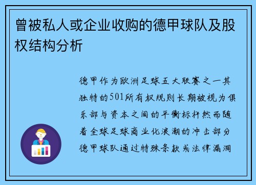 曾被私人或企业收购的德甲球队及股权结构分析